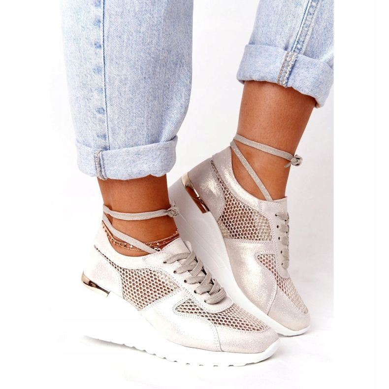 Leather Wedge Sneakers With Mesh S.Barski Golden beige gyllene 4