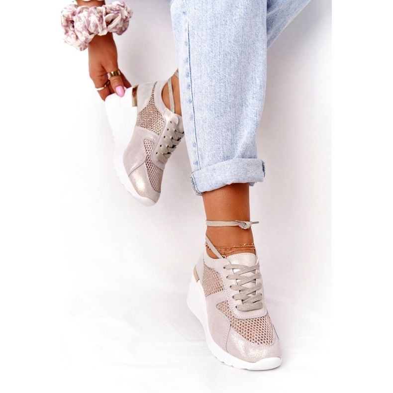 Leather Wedge Sneakers With Mesh S.Barski Golden beige gyllene 3