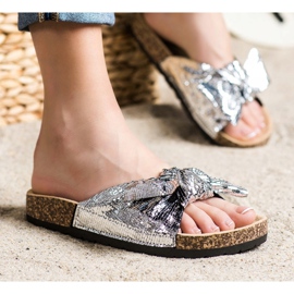 SHELOVET Blanka tofflor med rosett silver- 1