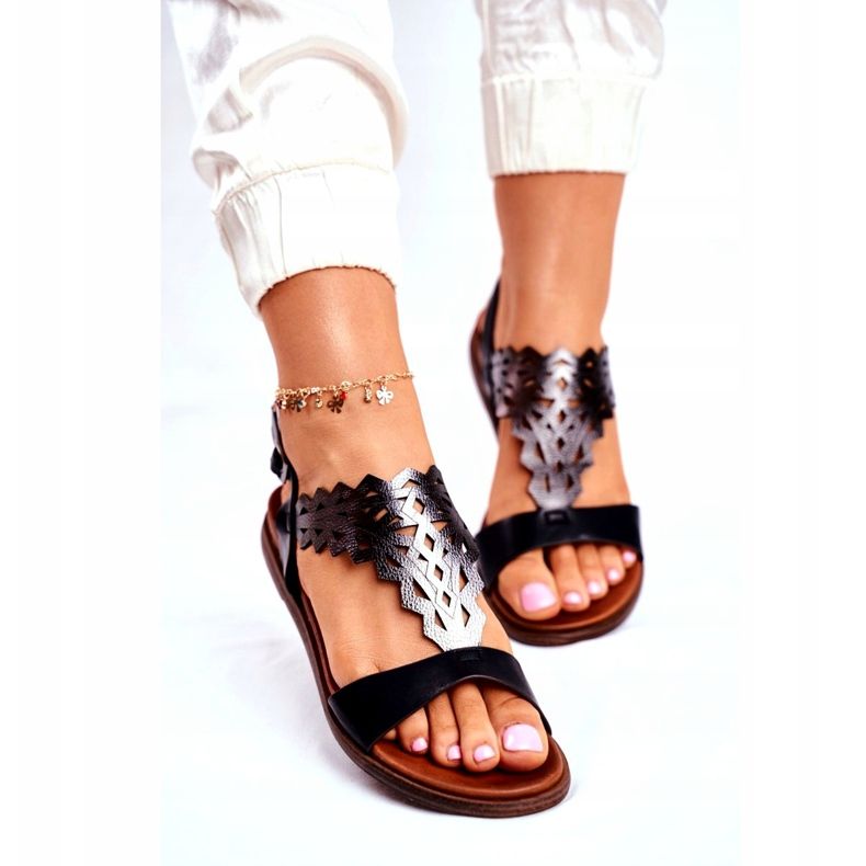 Sandaler för kvinnor Flat Sergio Leone Black SK035 svart silver- 2