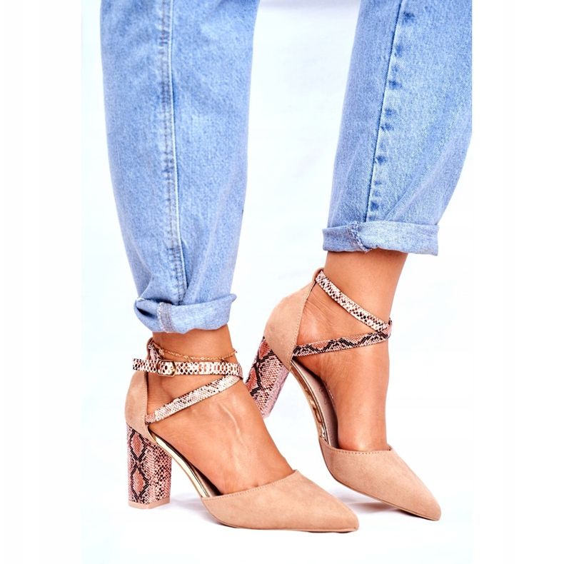 S.Barski Kvinnors pumpar på en häl orm Beige tillsammans brun 2