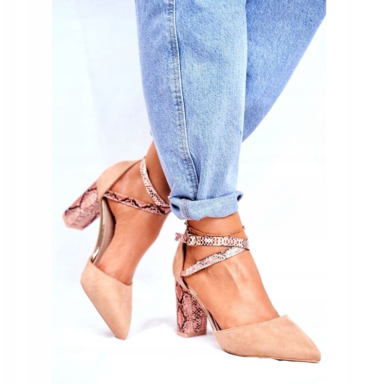 S.Barski Kvinnors pumpar på en häl orm Beige tillsammans brun 4