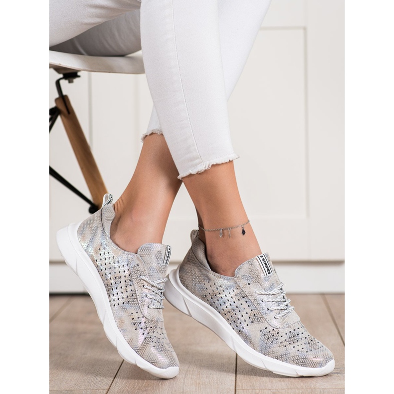 Goodin Glänsande lädersneakers beige grå gyllene 2