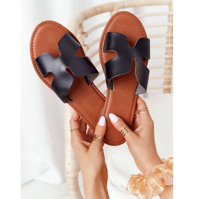 Kvinnors svarta läder tofflor Seres 2