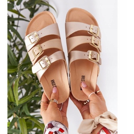 Läderprofilerade tofflor Big Star HH274585 Beige och guld gyllene 1