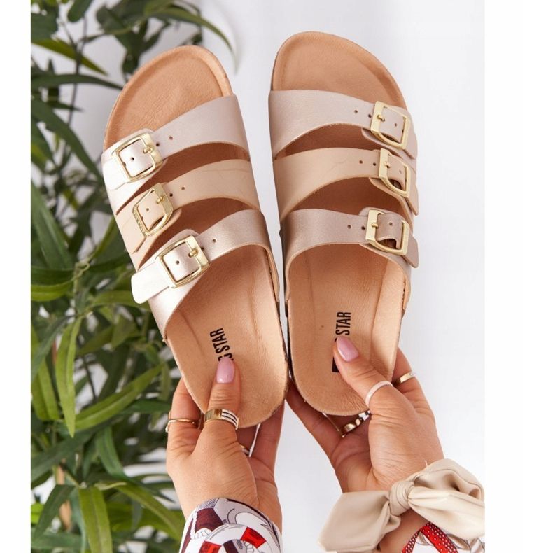 Läderprofilerade tofflor Big Star HH274585 Beige och guld gyllene 1