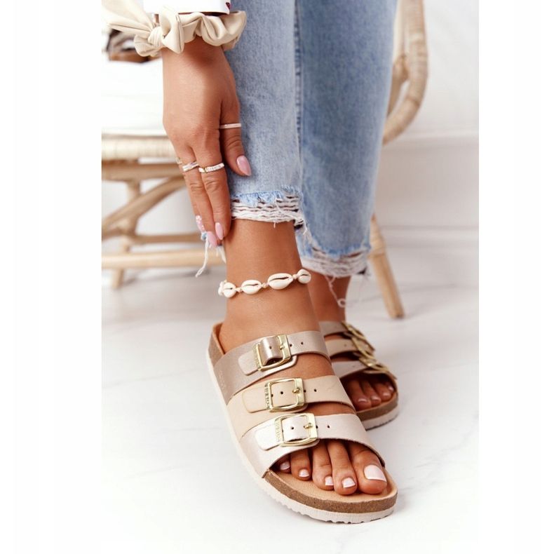 Läderprofilerade tofflor Big Star HH274585 Beige och guld gyllene 2