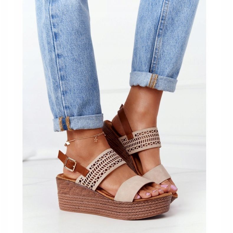 S.Barski Openwork Wedge Sandals S. Barski GD-47 Beige 1