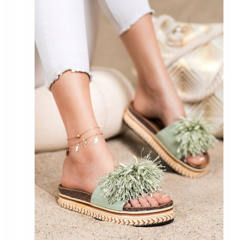 SHELOVET Trendiga tofflor med fransar grön 1