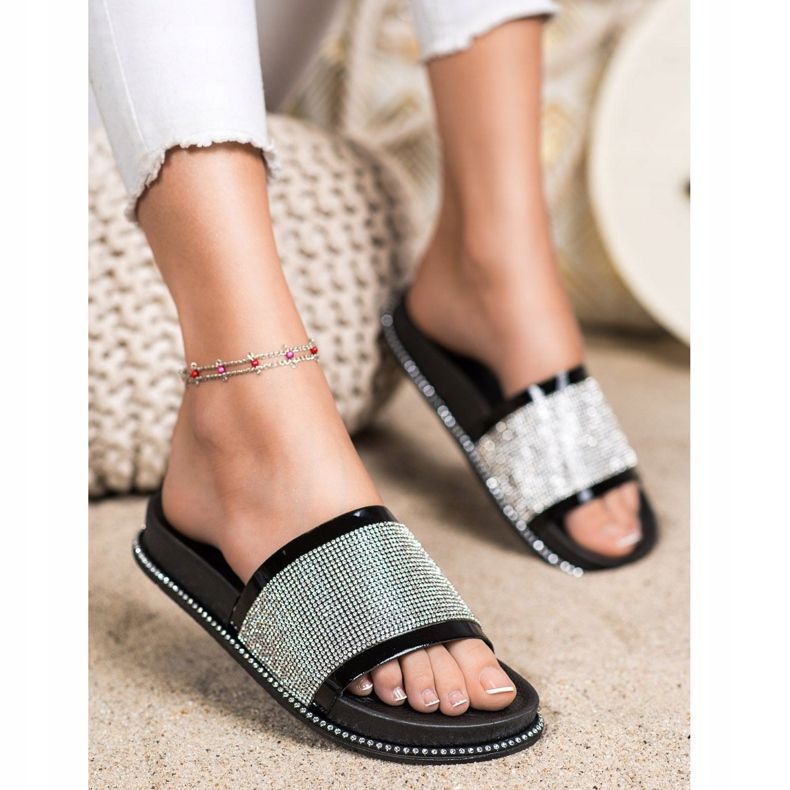 SHELOVET Glänsande svarta tofflor 1