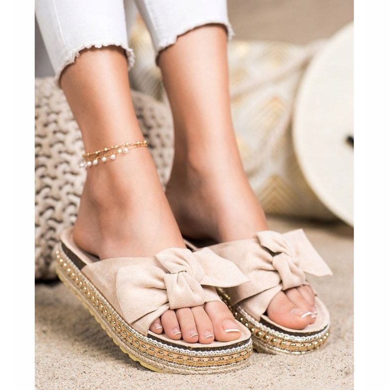 SHELOVET Espadrilles tofflor med rosett beige 1