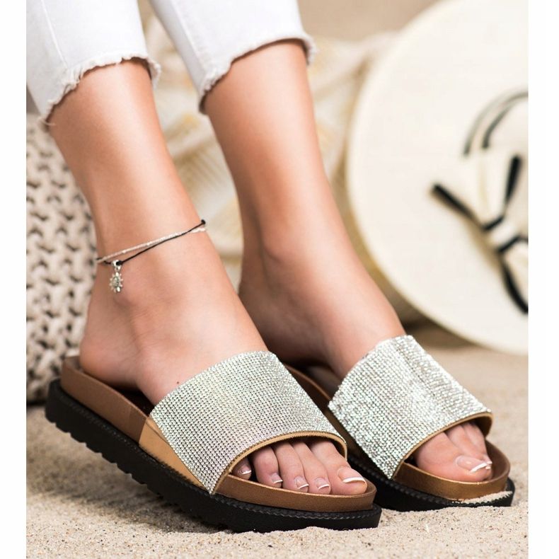 Kayla Bekväma tofflor med cubic zirconia beige gyllene 2