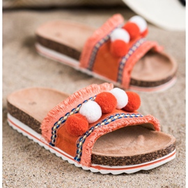 SHELOVET Fashionabla tofflor med pomponger orange 1