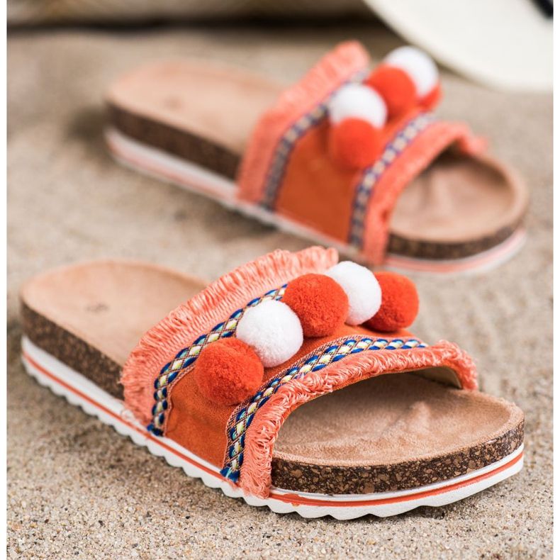 SHELOVET Fashionabla tofflor med pomponger orange 1