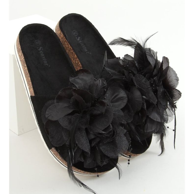 Svarta kork tofflor med blommor CK113P Svart 1