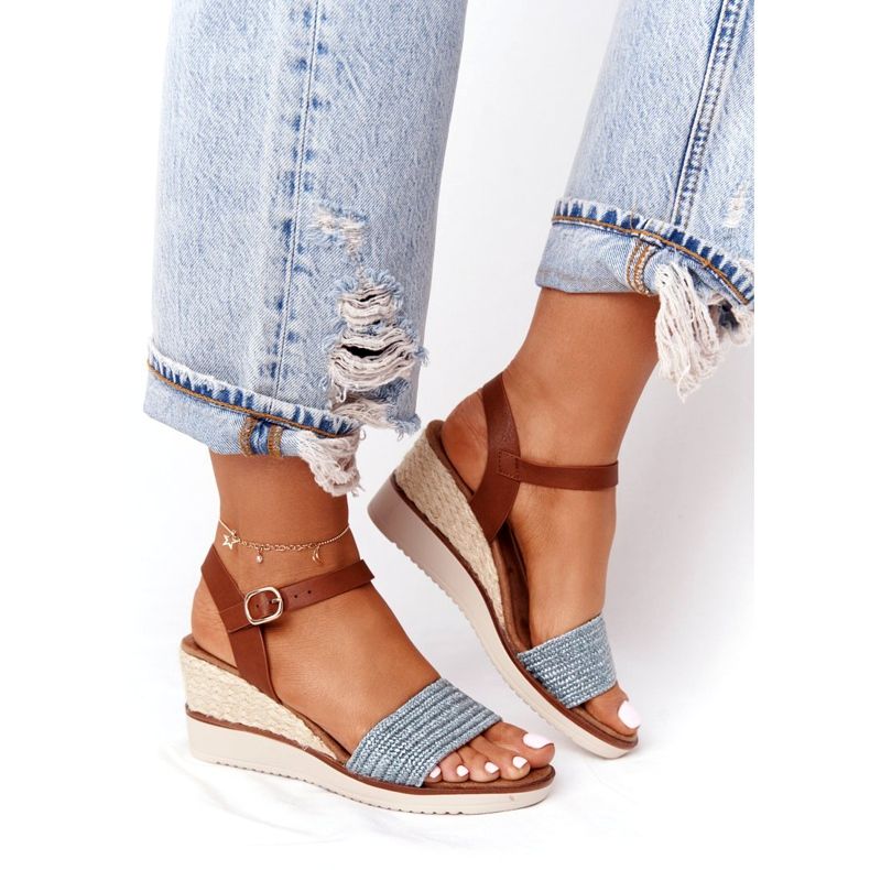 EVE Sandaler på en kilklack Blå flätad Teneriffa brun 3