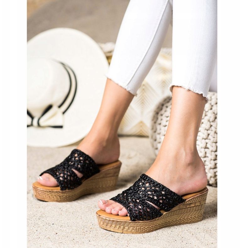 Laura Mode Openwork Wedge Tofflor svart 2