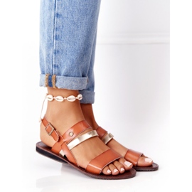 Platt sandaler för kvinnor, brun och guld Doris gyllene 1