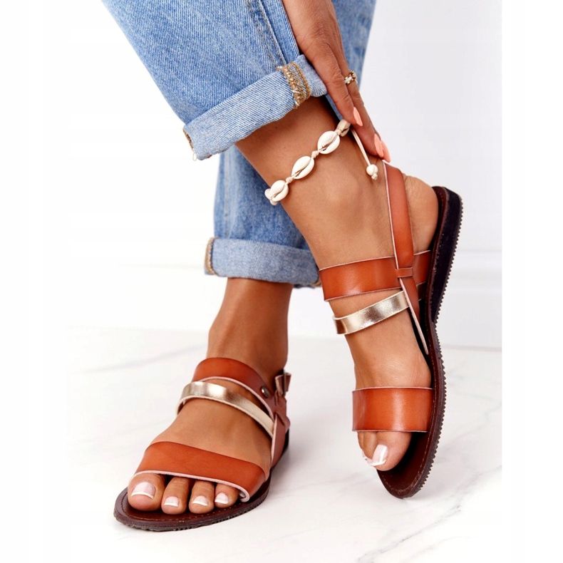 Platt sandaler för kvinnor, brun och guld Doris gyllene 3