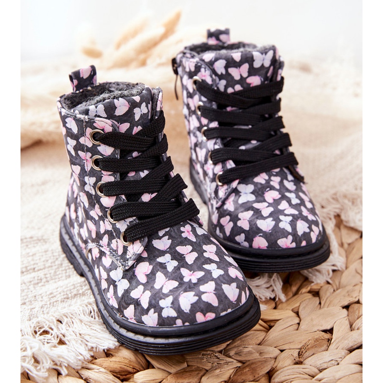 PE1 Läderstövlar uppvärmda med grå ull med Amy fjärilar 1