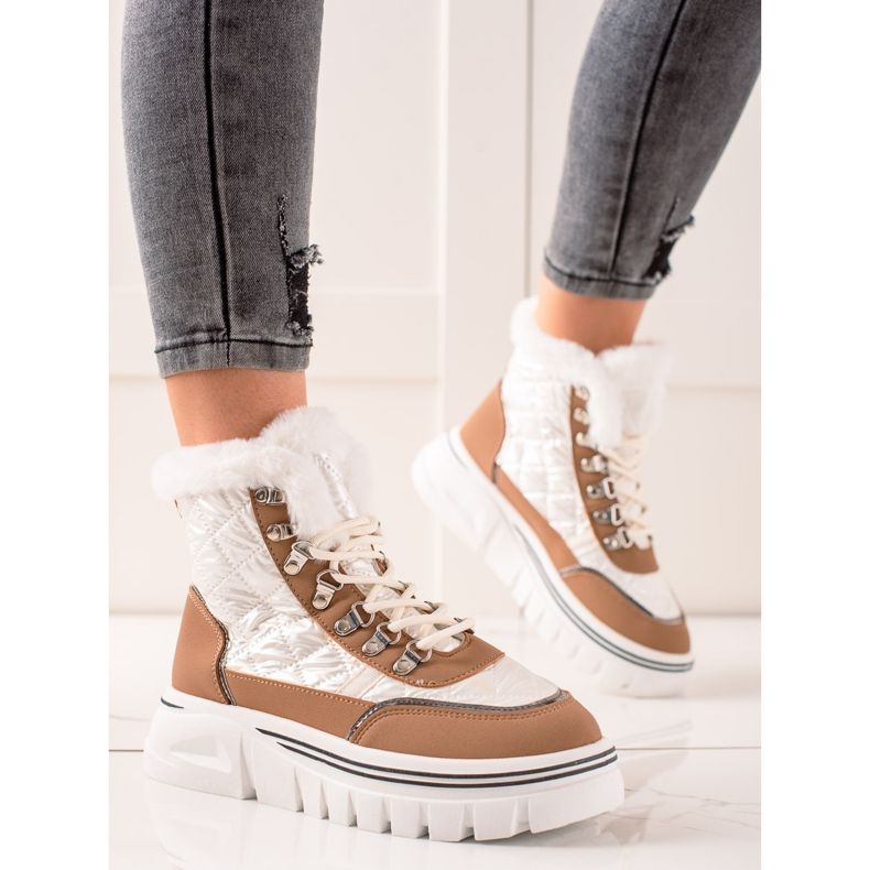 TRENDI Varma snöskor på plattformen vit brun 1