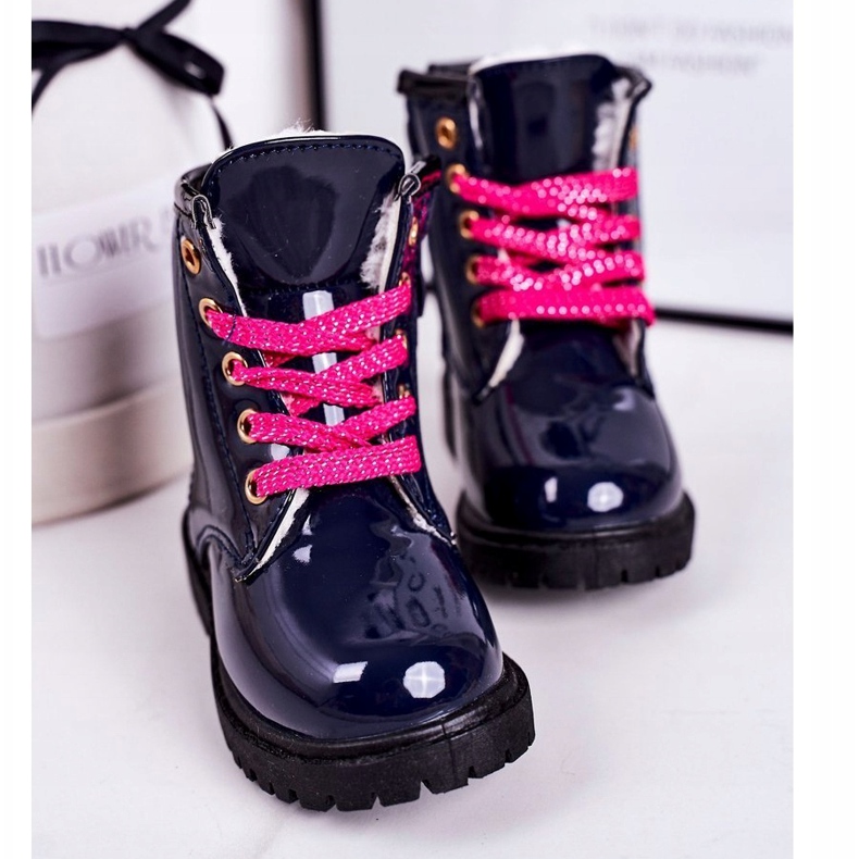 Barnskor uppvärmda med päls, lackerad marinblå pinkie 3