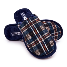 WJ1 Herr varma marinblå rutiga tofflor Whisper beige 2