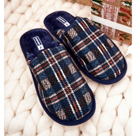 WJ1 Herr varma marinblå rutiga tofflor Whisper beige 1