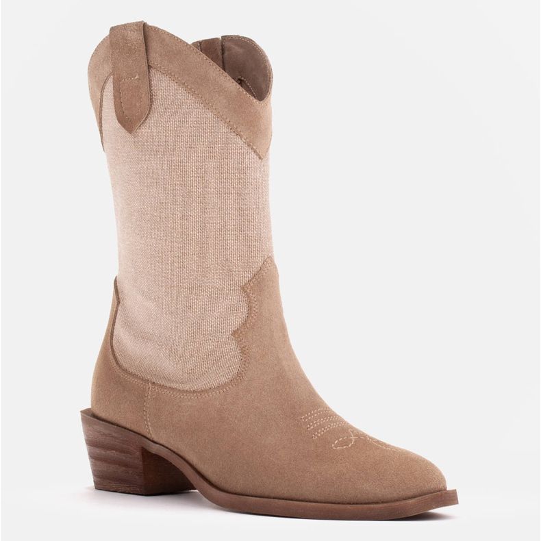 Marco Shoes Cowboystövlar i kombination med mocka och linnetyg beige 1