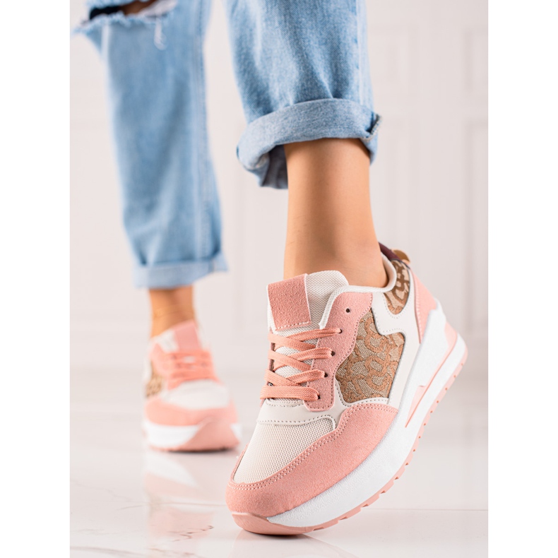 TRENDI Snygga sneakers på plattformen beige brun rosa 2