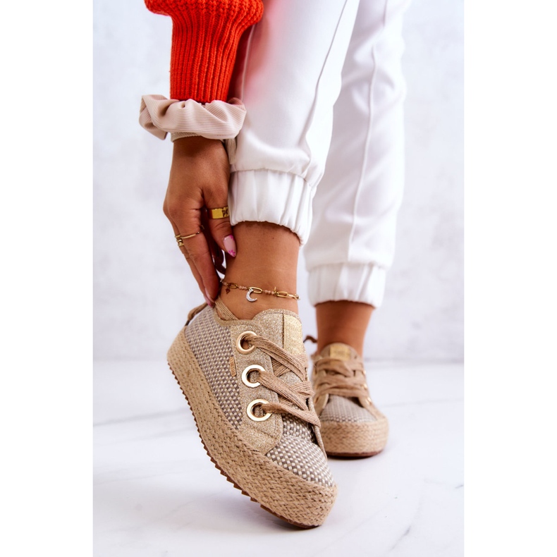 Flätade sneakers för damer Big Star JJ274392 Beige och guld 1