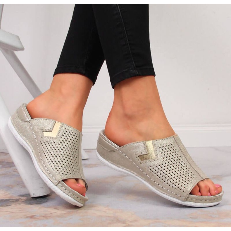 Läder wedge tofflor S. Barski W OLI163B gyllene 2