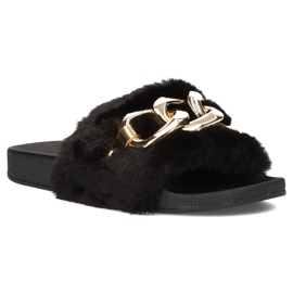 Filippo Svarta tofflor med päls, guldkedja QT300 1