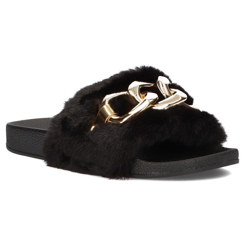 Filippo Svarta tofflor med päls, guldkedja QT300 1