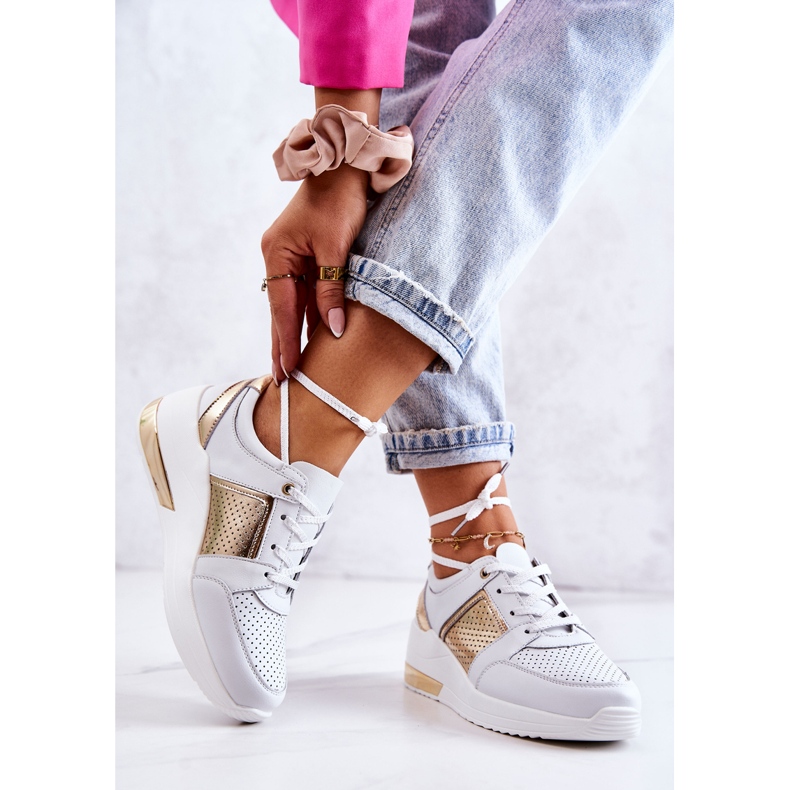 S.Barski Sportskor i läder för kvinnor på en kil Vit Larson gyllene 2