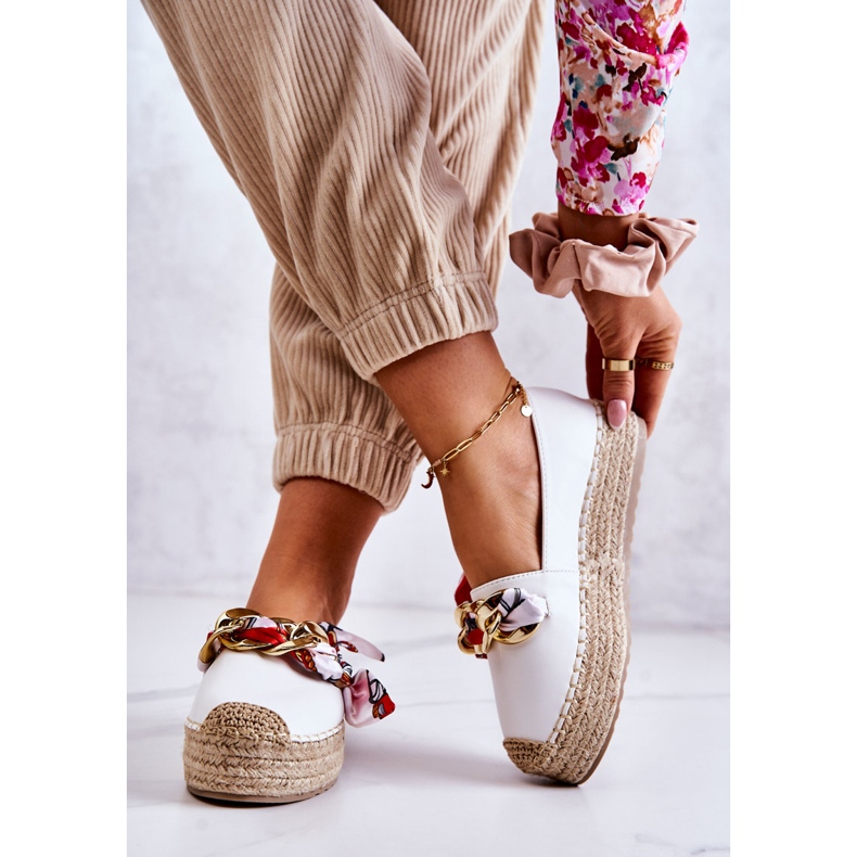 PS1 Espadriller i läder för kvinnor med en kedja Vit Fancy 2
