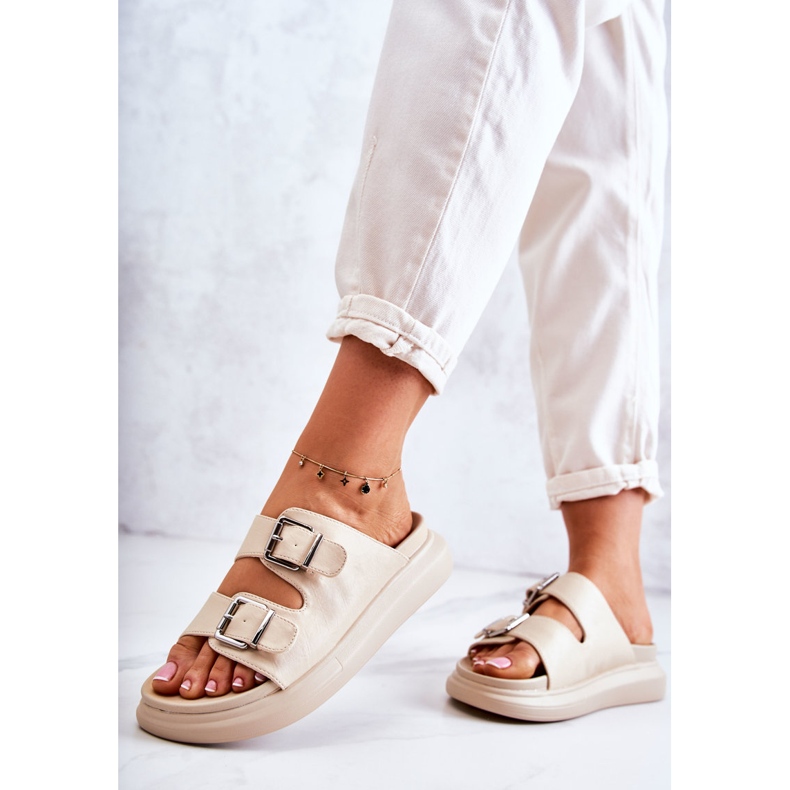 Lädertofflor dam med spänne La.Fi Beige Nariss 2