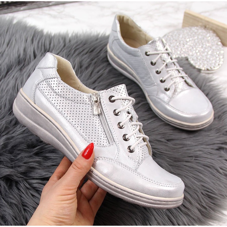 Damskor i läder med dragkedja, silver Helios 357 silver- 2