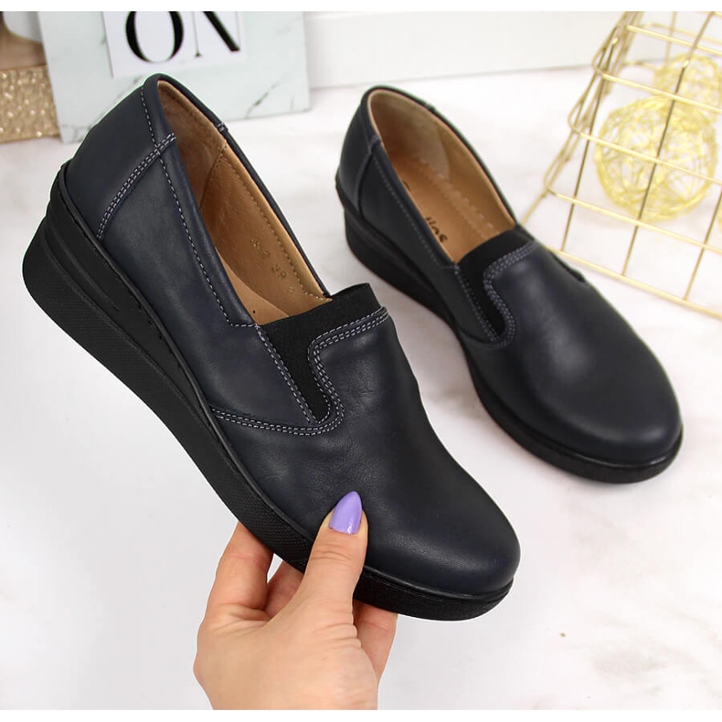 Bekväma läderskor för kvinnor, marinblå Helios 349 2