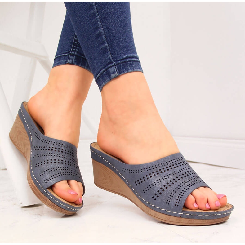 Marinblå Jezzi wedge tofflor för kvinnor 1