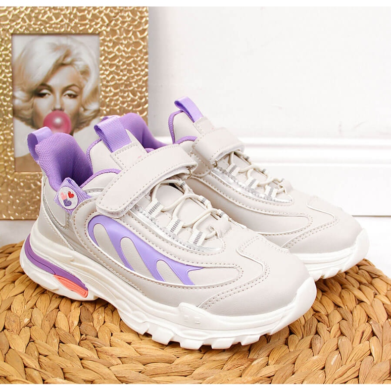 Sportskor för tjejer med kardborre grålila American Club vit violett 2