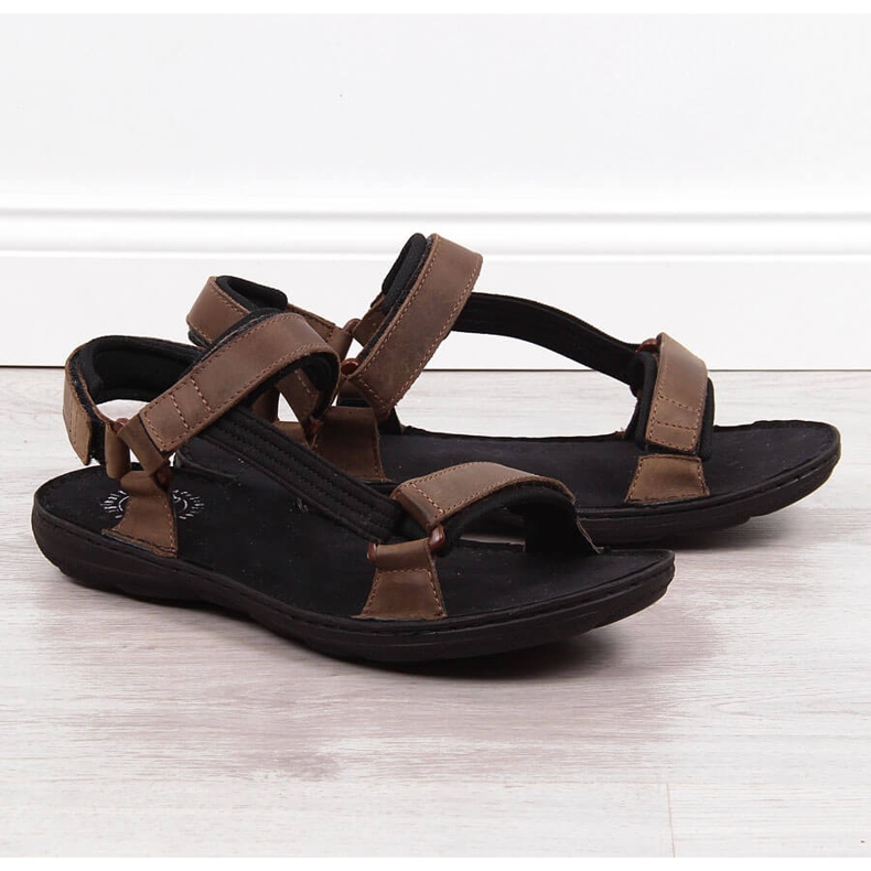 Lädersandaler för män med kardborrebrun Łukbut 990 1