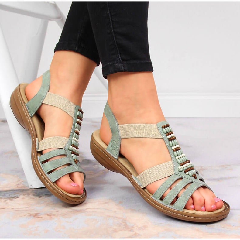 Gröna Rieker 60851-52 damsandaler med elastiska band 1