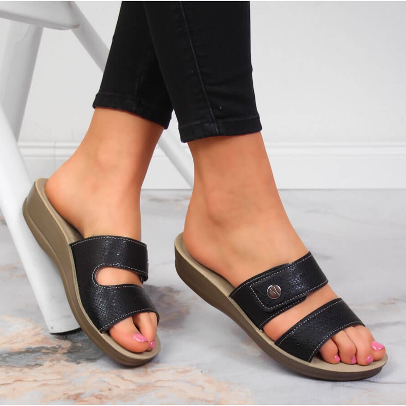 Svarta Inblu svarta tofflor med kardborreband för kvinnor 1