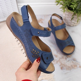 Helios 266 marinblå lädersandaler för kvinnor med kardborre 1