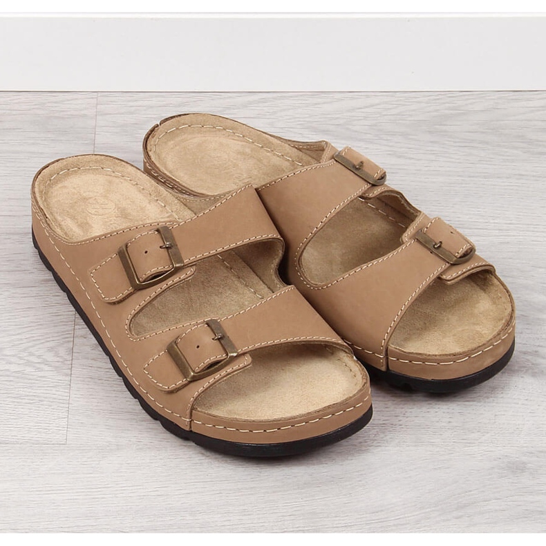 Bekväma lädertofflor för män beige Helios 813 2