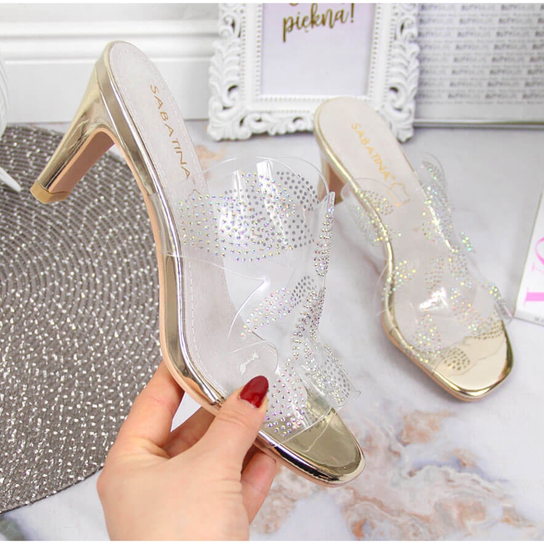 Transparenta damtofflor med gyllene cubic zirconias Sabatina färglös 1