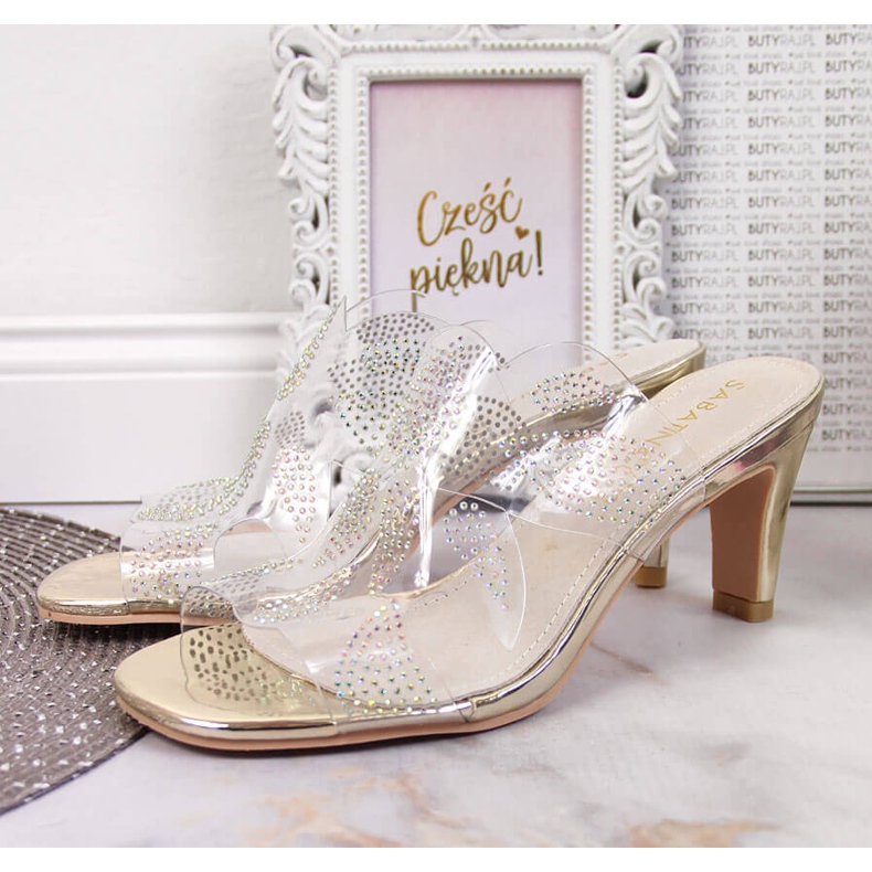 Transparenta damtofflor med gyllene cubic zirconias Sabatina färglös 2