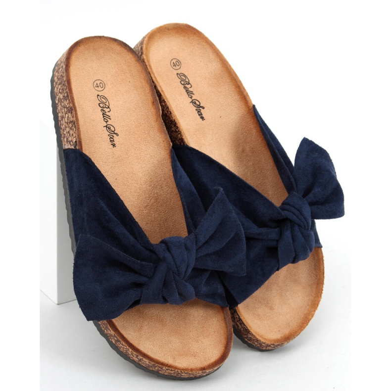 Korktofflor med Lilac DK.BLUE rosett blå 2