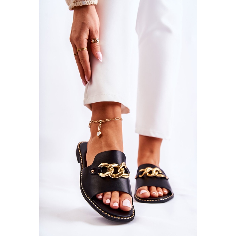 S.Barski Fashionabla Svarta Finess Tofflor Med En Kedja På En Platt Klack 1